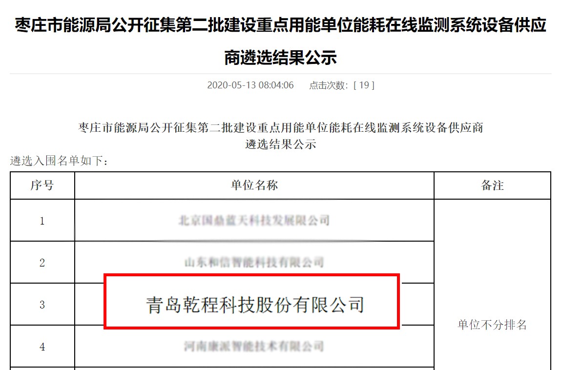 祝贺乾程科技乐成入围 “枣庄市能源局果真征集第二批建设重点用能单位能耗在线监测系统装备供应商”